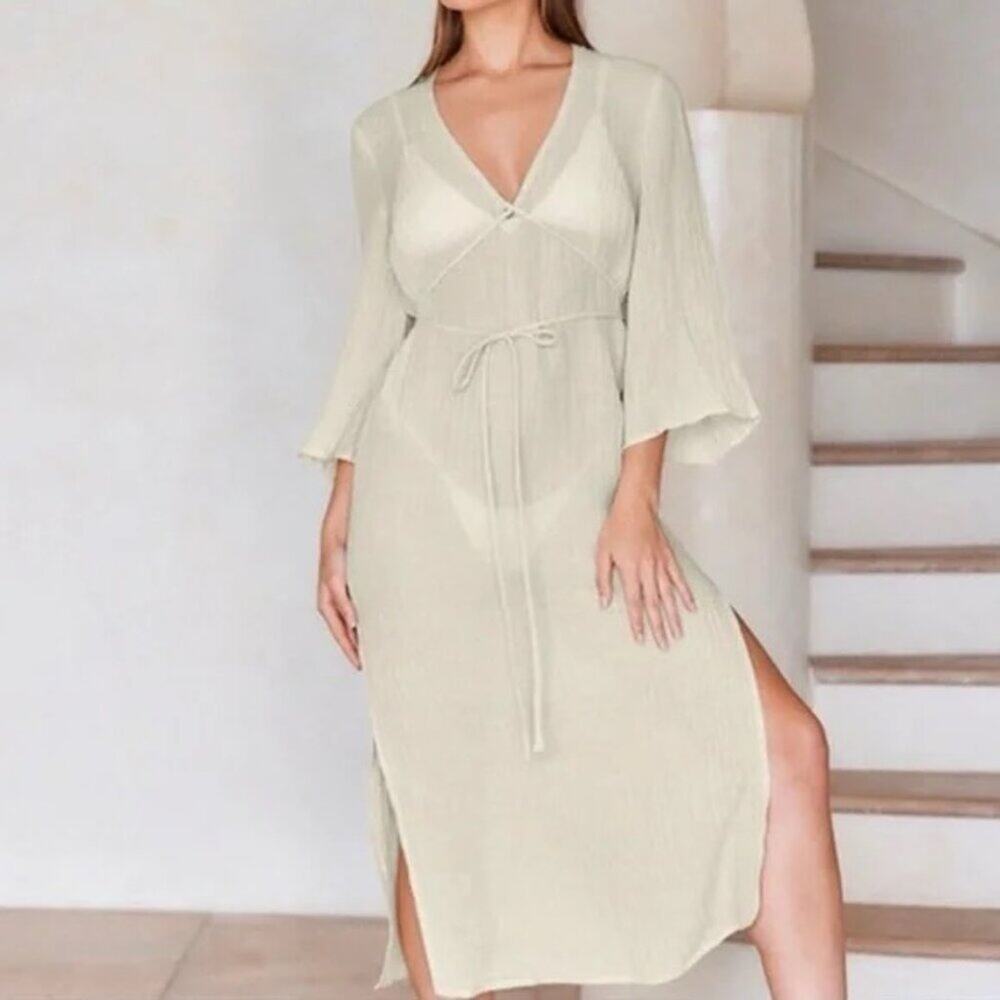 Monday Swimwear Ravello Linen Cover Up Dress in Vanilla Crinkle